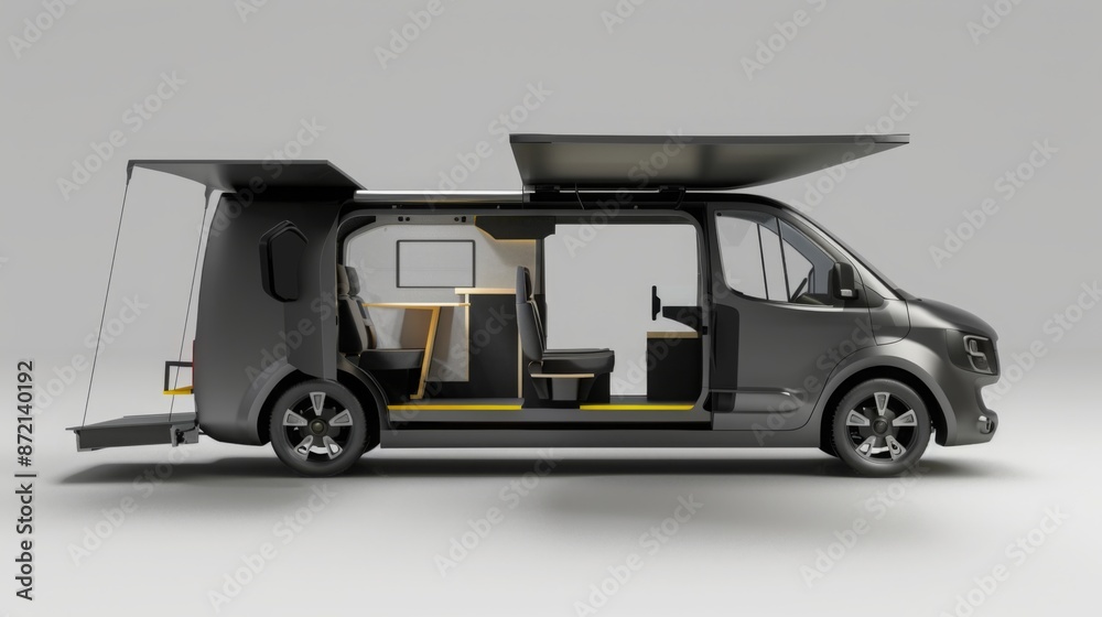 Obraz premium This image showcases a black camper van with its awning extended, revealing the interior with comfortable seating, a small table, and a bed.