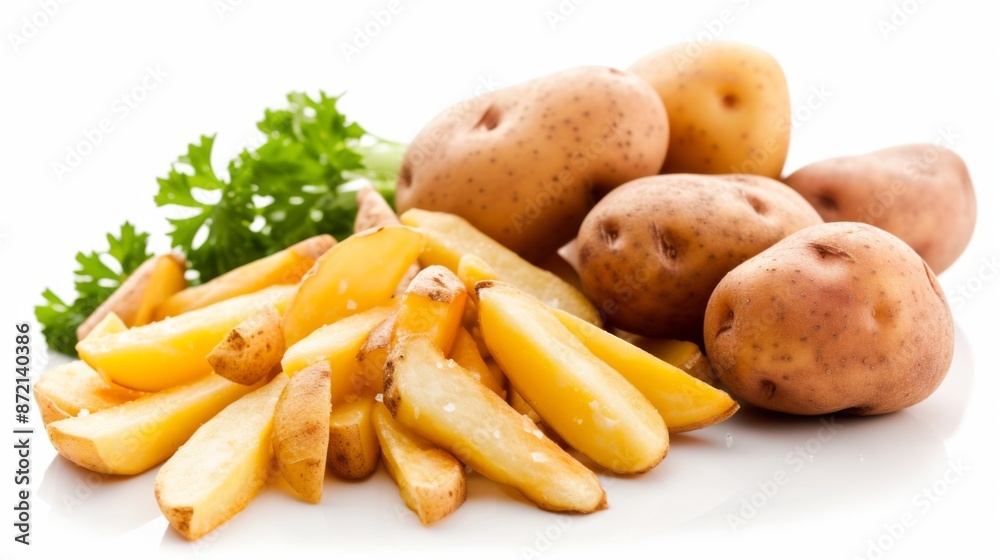 Frozen potatoes and French fries on white background Frozen potatoes and French fries on white background