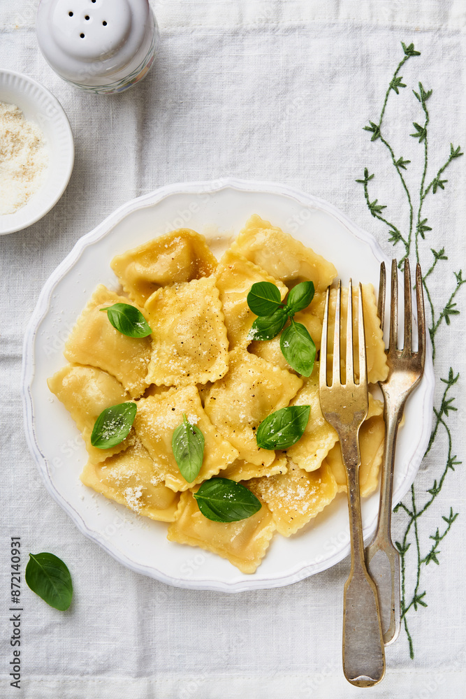 Ravioli pasta with ricotta cheese and basil on white plate served in colors of Italian flag. Traditional Italian pasta dish and recipe. Cover or article. Top view. Place for text. Ravioli pasta with ricotta cheese and basil on white plate served in colors of Italian flag. Traditional Italian pasta dish and recipe. Cover or article. Top view. Place for text.