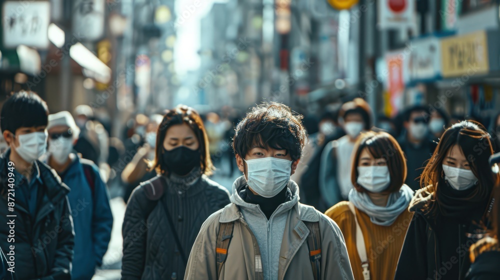 people wearing masks in a crowded city street people wearing masks in a crowded city street