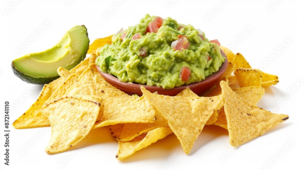Guacamole and tortilla chips on white background Guacamole and tortilla chips on white background
