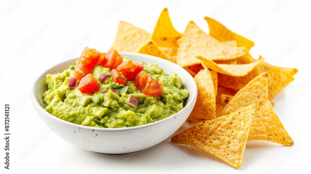 Guacamole and tortilla chips on white background Guacamole and tortilla chips on white background