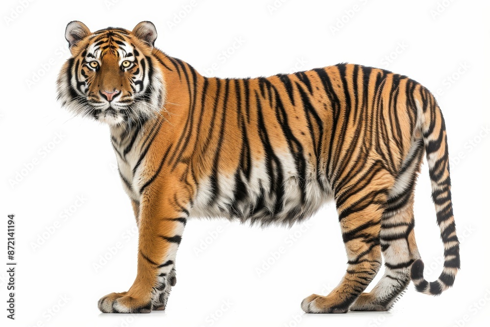 Obraz premium Majestic Bengal Tiger Standing Against White Background, Showcasing Its Striking Stripes and Powerful Stature
