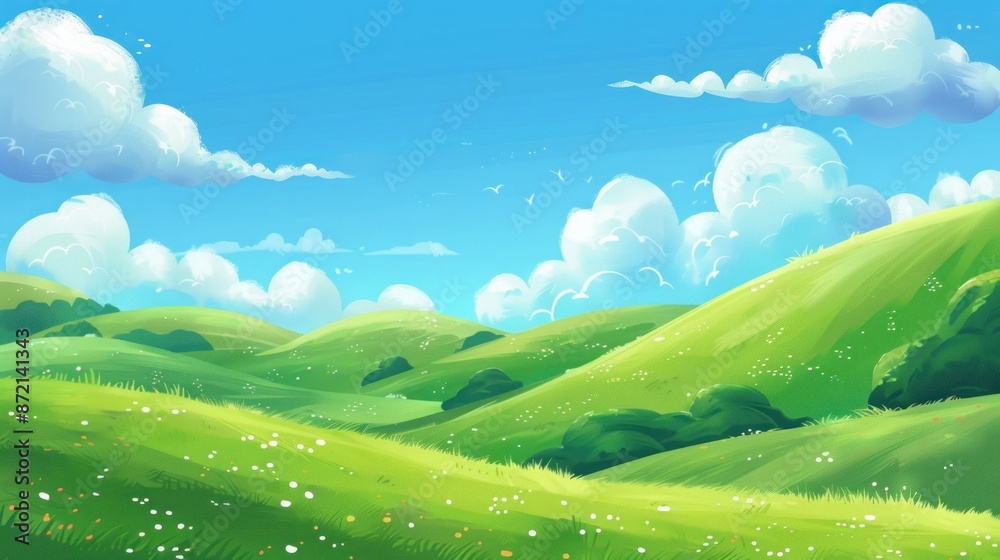 Tranquil Meadow with Rolling Hills and Fluffy Clouds Tranquil Meadow with Rolling Hills and Fluffy Clouds