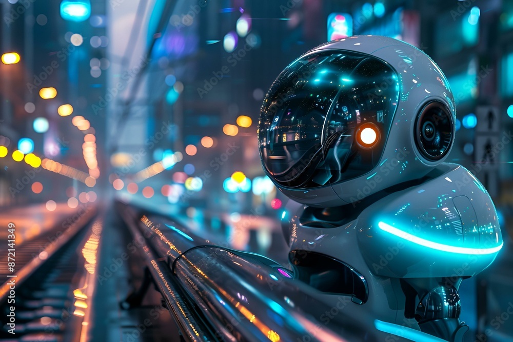 A robot standing on train tracks at night, illuminated by the moonlight.