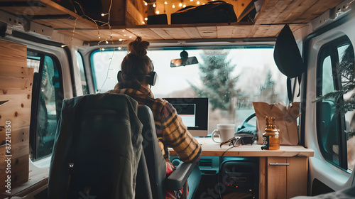 conferencing on computer with van interior visible