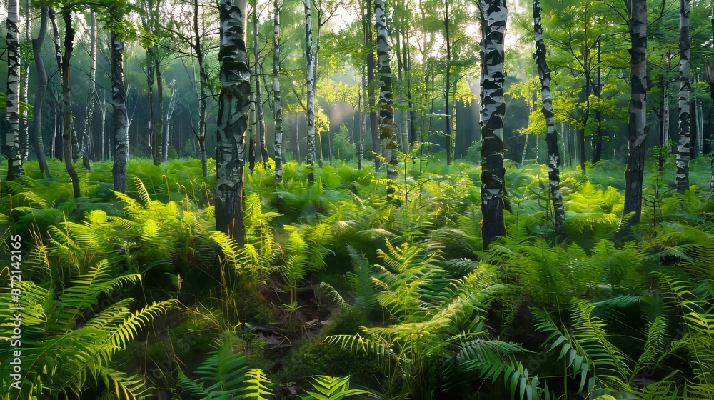 A forest with green ferns and trees. A forest with green ferns and trees.