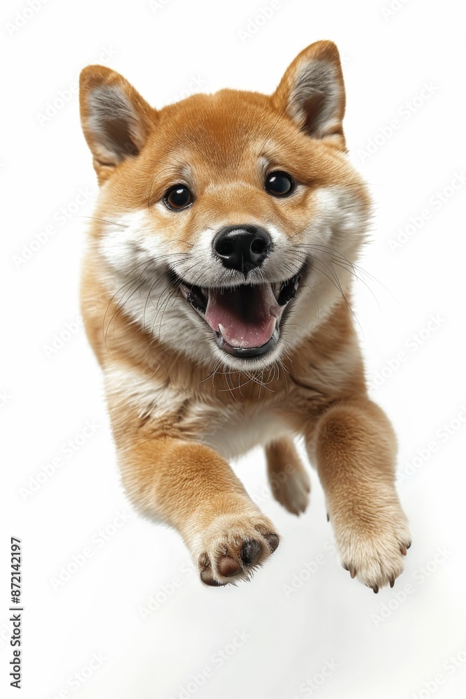 Adorable Shiba Inu Puppy Jumping with Joy on White Background - Energetic and Playful Dog in Mid-Air