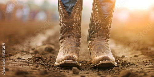 Low angle view of cowboy boots in dusty rodeo arena during evening event. Concept Country Western Theme, Rodeo Photography, Horseback Riding, Sunset Silhouettes photo