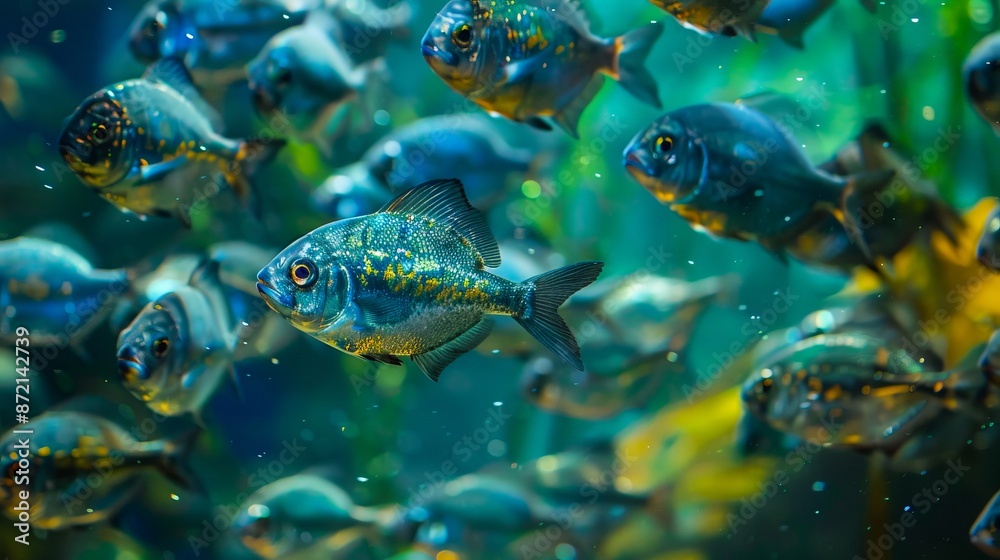 A large group of fish swimming in an aquarium. A large group of fish swimming in an aquarium.