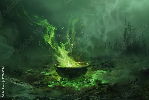 a green cauldron with smoke coming out of it photo