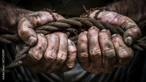 A realistic photo of a prisoner's hand in shackles and robe © Meedej