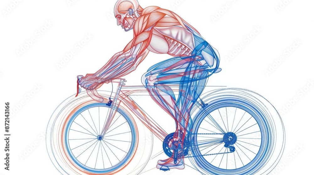 Fototapeta premium Person performing air cycling with detailed muscle highlights, white background, educational illustration