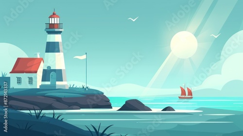 Seascape with Lighthouse and Sailboat