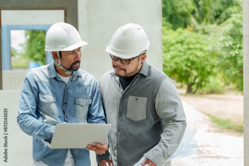 Two Asian male engineers wearing white hard hats discussing project details on laptop at construction site. Outdoor setting with greenery. Collaboration, teamwork, and building design and planning. Two Asian male engineers wearing white hard hats discussing project details on laptop at construction site. Outdoor setting with greenery. Collaboration, teamwork, and building design and planning.