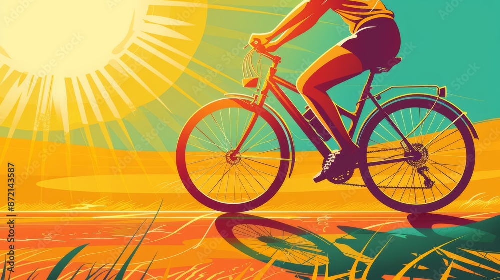 Fototapeta premium graphic of a person air cycling against a sunny outdoor background, bright and cheerful, summer workout