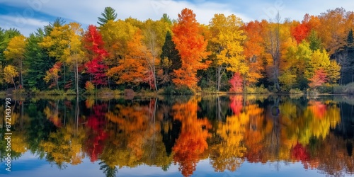 Fototapeta Naklejka Na Ścianę i Meble -  gorgeous view of lake and autumn forest park, shadow reflecting on water surface, beautiful scenery of seasonal nature landscape background whimsical ethereal mood