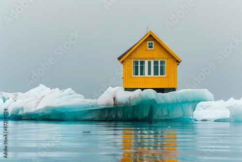 A small yellow house sits on top of an iceberg.