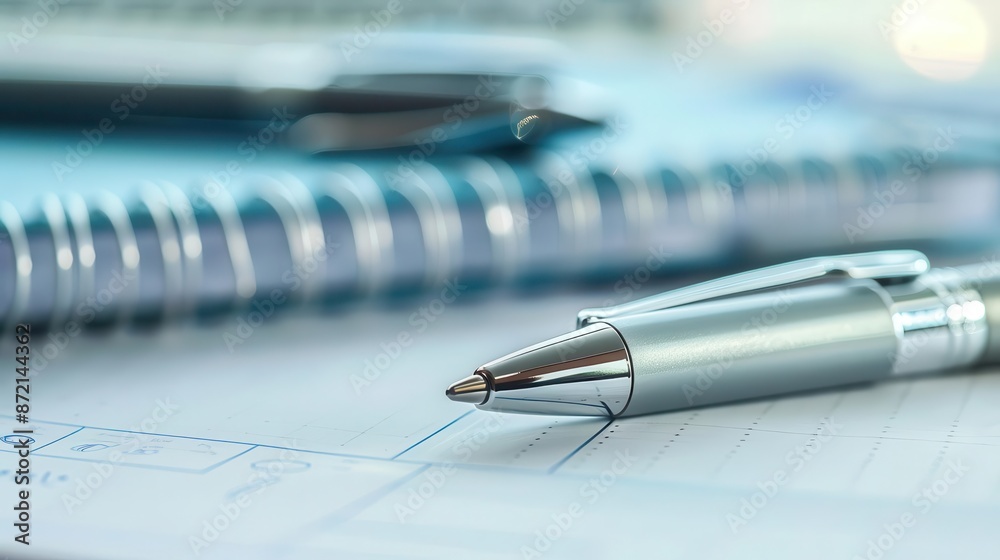 Close-up of a silver pen on a piece of paper with a spiral notebook in the background, perfect for business or educational concepts.