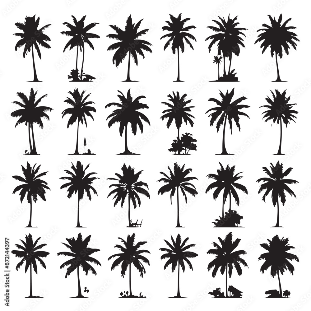 Set of palm tree silhouettes isolated on a white background, Vector illustration. Set of palm tree silhouettes isolated on a white background, Vector illustration.