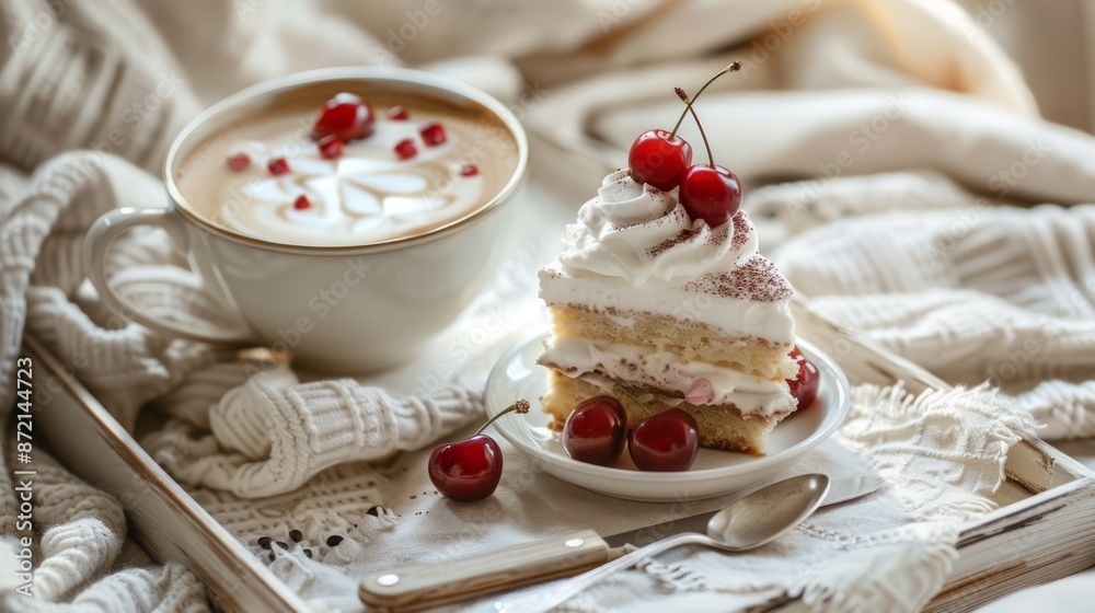 Cappuccino in cup and sweet dessert on the tray, Boho Chic Style Decor Cappuccino in cup and sweet dessert on the tray, Boho Chic Style Decor