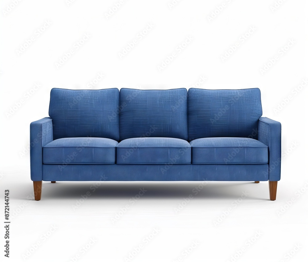 A blue couch with wooden legs. A blue couch with wooden legs.