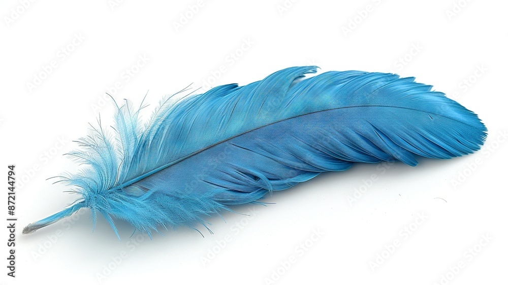 A focused image of a blue feather against a white backdrop, including a mirror reflection of the feather on its reverse side A focused image of a blue feather against a white backdrop, including a mirror reflection of the feather on its reverse side