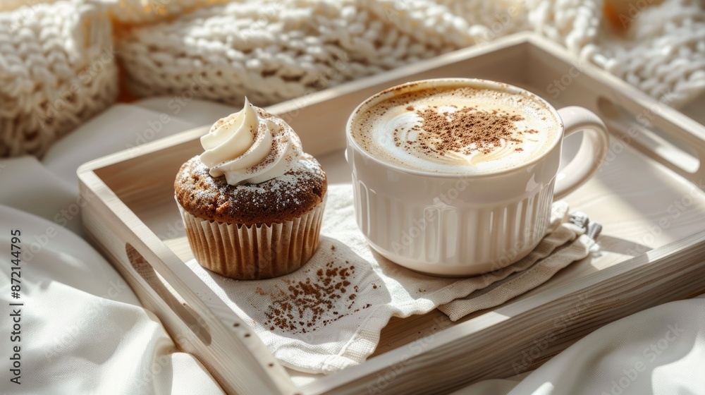 Cappuccino in cup and sweet dessert on the tray, Boho Chic Style Decor Cappuccino in cup and sweet dessert on the tray, Boho Chic Style Decor