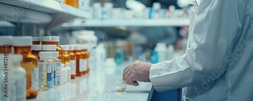 A close-up of a pharmacist counting pills in a pharmacy