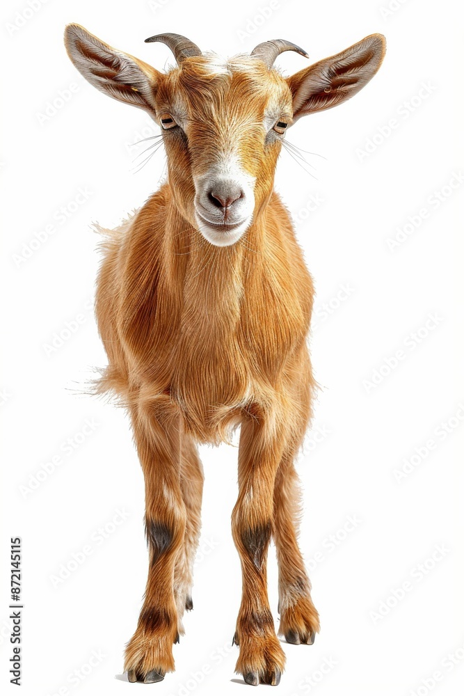 Fototapeta premium Close-Up Portrait of a Curious Brown Goat with White Background