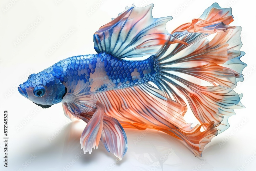 Fototapeta premium Vibrant Blue and Orange Betta Fish with Flowing Fins on White Background