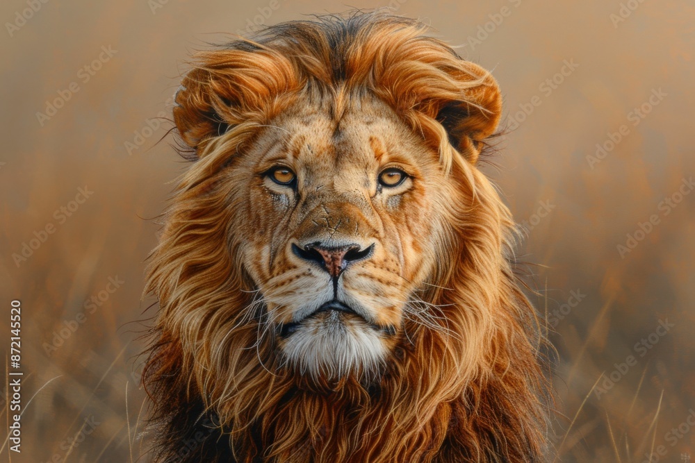 Obraz premium Majestic Lion Portrait in Natural Habitat with Golden Mane and Intense Gaze