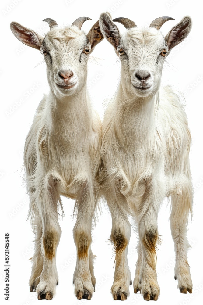 Two Adorable White Goats Standing Together on a White Background, Looking at the Camera Two Adorable White Goats Standing Together on a White Background, Looking at the Camera