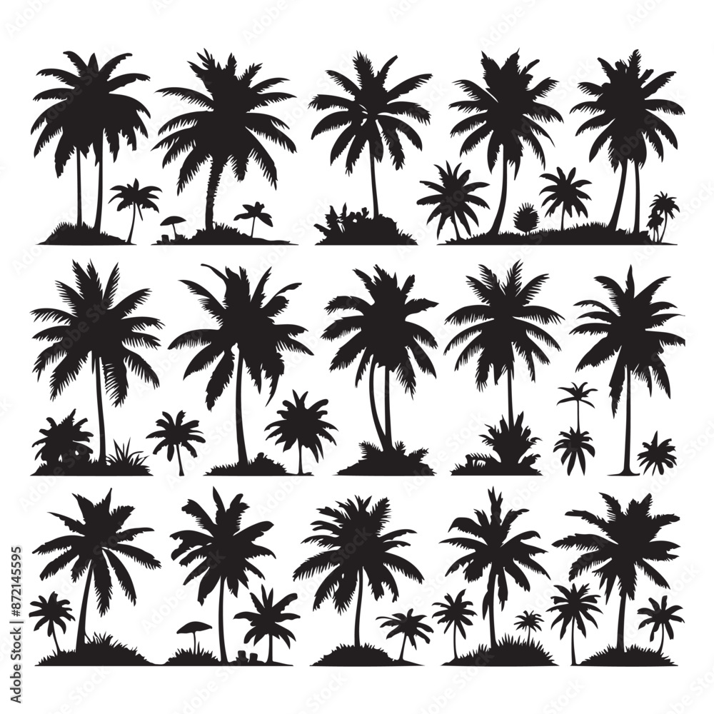 Set of palm tree silhouettes isolated on a white background, Vector illustration. Set of palm tree silhouettes isolated on a white background, Vector illustration.