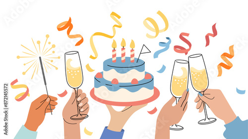 People celebrating birthday party. Hands with alcohol and cake.
