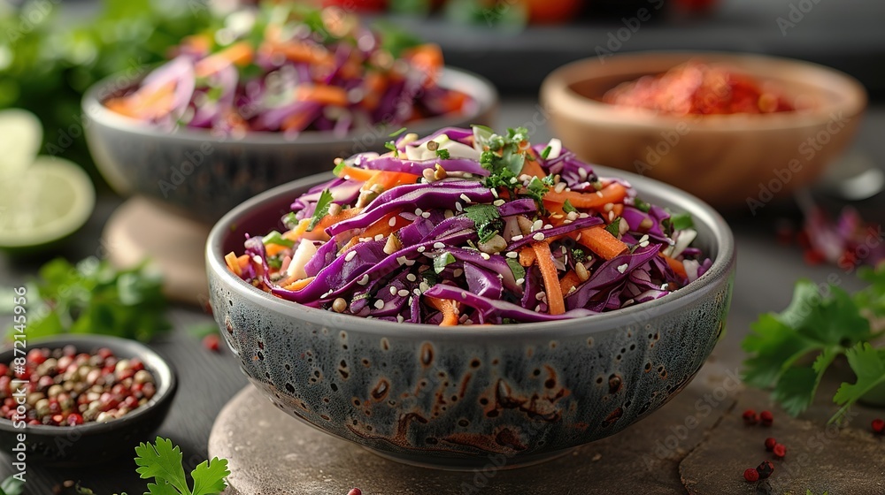 A bowl of coleslaw sits on a table next to a bowl of red cabbage, carrots, and cilantro A bowl of coleslaw sits on a table next to a bowl of red cabbage, carrots, and cilantro
