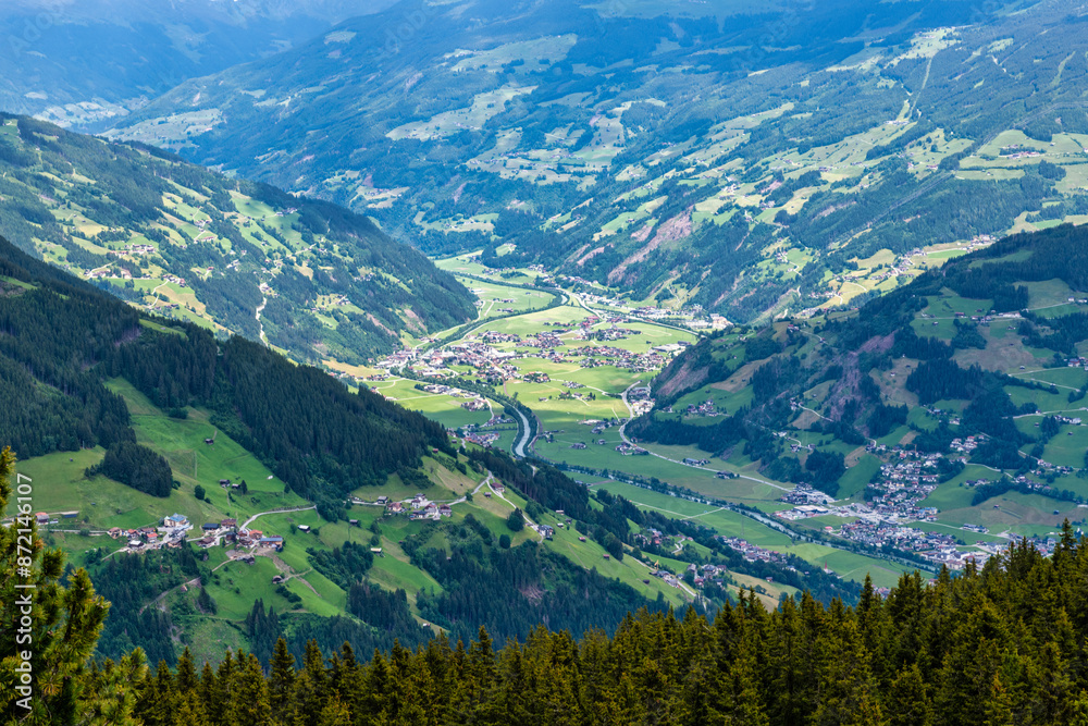 Naklejka premium View of Zell Am Ziller from the Penken Mountain in the village of Mayrhofen in Austria