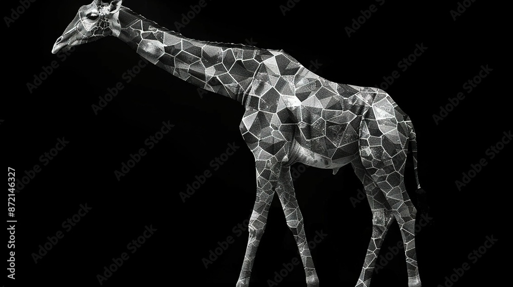 A monochrome image of a giraffe's head and neck, featuring a geometrical design A monochrome image of a giraffe's head and neck, featuring a geometrical design