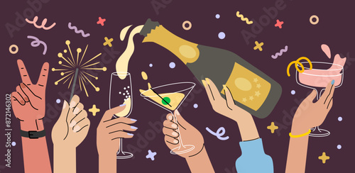 People celebrating birthday party. Hands with alcohol for celebration.