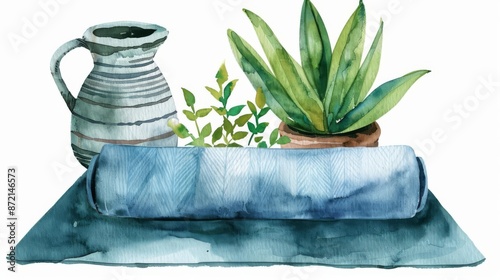 watercolor plants, vase, rolled mat, blue tones clip art preview