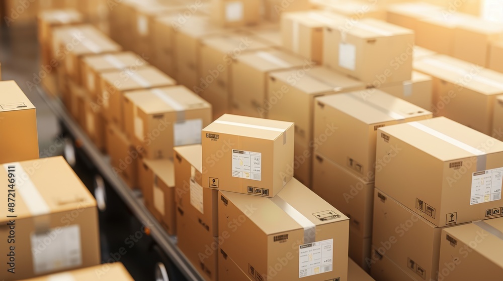 A large number of cardboard boxes on a conveyor belt in a warehouse, representing logistics, shipping, and e-commerce industry operations. A large number of cardboard boxes on a conveyor belt in a warehouse, representing logistics, shipping, and e-commerce industry operations.