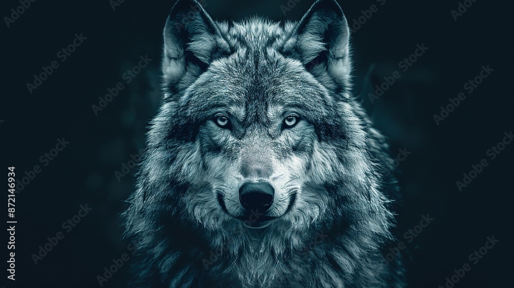 A wolf's face is captured in close-up on a dark background, with a blurred depiction of its head A wolf's face is captured in close-up on a dark background, with a blurred depiction of its head
