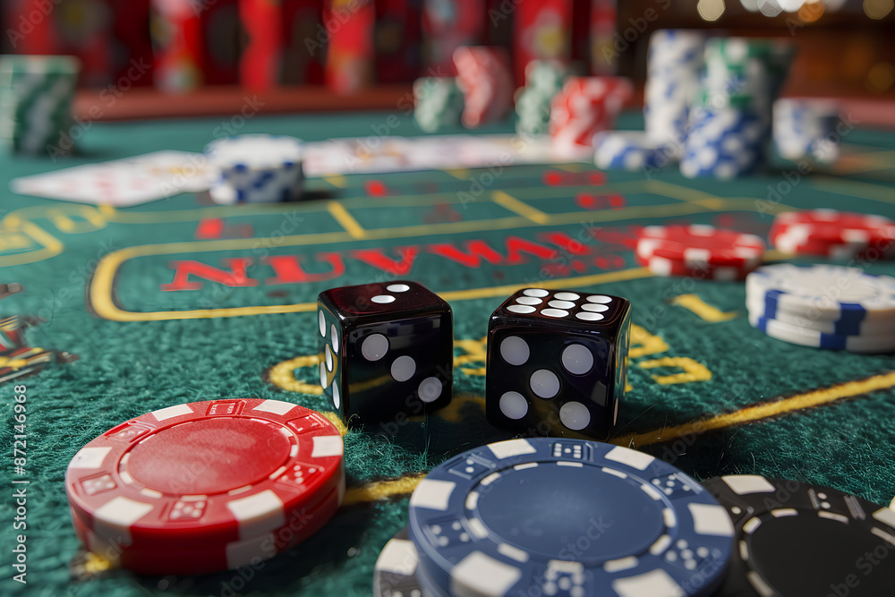 A close up of dice and chips on a table