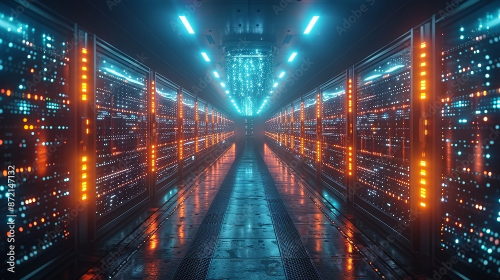 Futuristic Data Center Corridor with LED Lights - Generative AI Futuristic Data Center Corridor with LED Lights - Generative AI