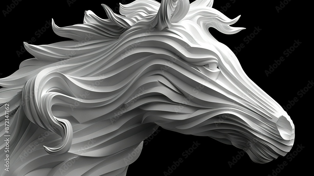 Black and white photo of a horse's head with wavy hair on a black background Black and white photo of a horse's head with wavy hair on a black background