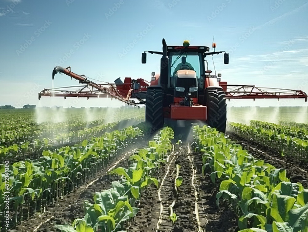 Tractor spraying a treatment on crops Tractor spraying a treatment on crops