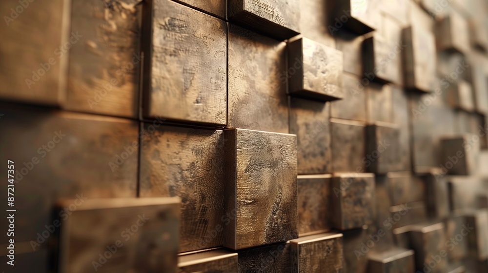 Wall covered in metallic square tiles, The tiles have a weathered, rusty patina in shades of copper and bronze, creating a warm and textured appearance. Wall covered in metallic square tiles, The tiles have a weathered, rusty patina in shades of copper and bronze, creating a warm and textured appearance.