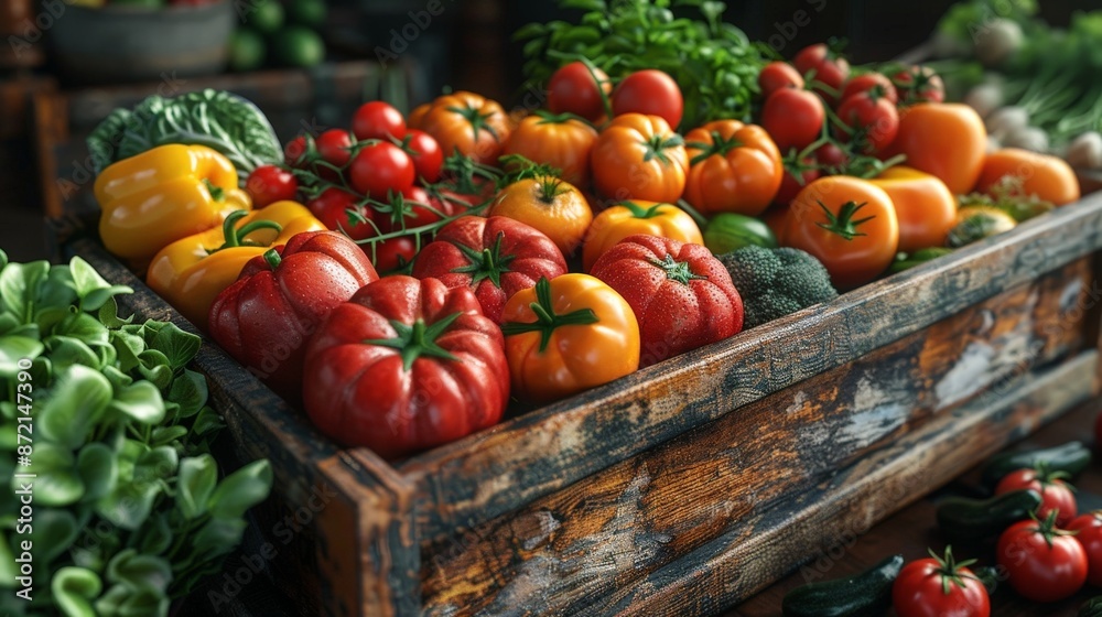 Wooden box full of colorful vegetables on a black background Wooden box full of colorful vegetables on a black background
