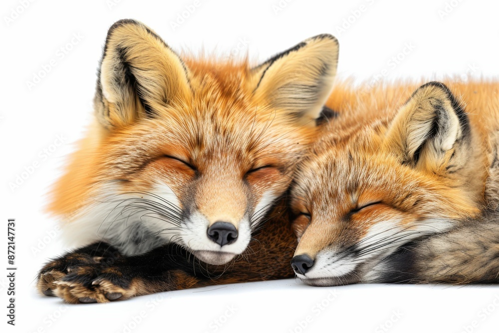 Fototapeta premium Peaceful Red Foxes Resting Together with Eyes Closed in a Close-Up Nature Shot