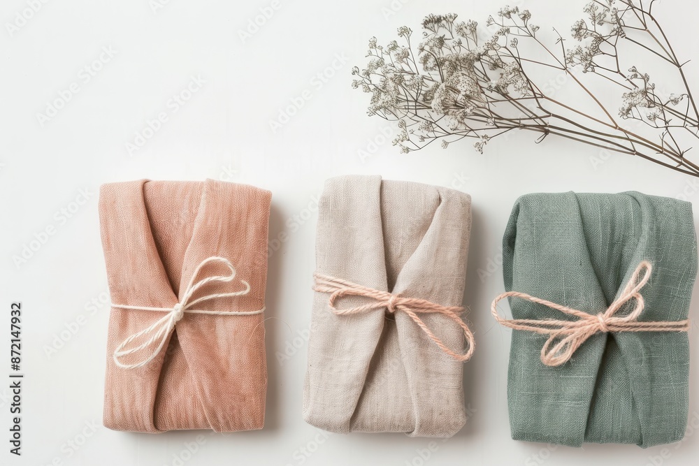 Three neatly folded linen towels in pastel colors tied with string, alongside delicate dried flowers on a white background. Three neatly folded linen towels in pastel colors tied with string, alongside delicate dried flowers on a white background.